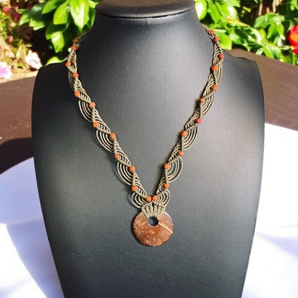 Boho Macrame Necklace Natural Stone Pendant Handmade Earthy Festival Jewelry - Picture 1 of 9
